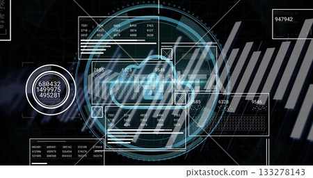 Displaying holographic cloud icon with padlock at cybersecurity dashboard, showing circular grid 133278143