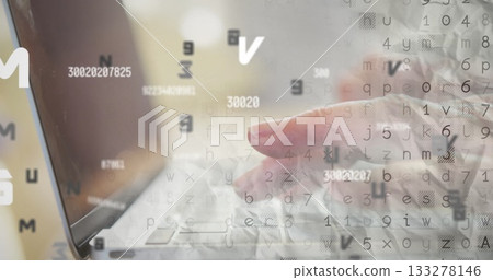 Typing senior woman's right hand tapping laptop keyboard on home desk, with floating code Typing senior woman's right hand tapping laptop keyboard on home desk, with floating code 133278146