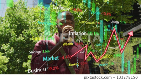 Sipping man wearing shirt in urban plaza, with coffee cup, shoulder bag and financial data overlay 133278150