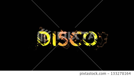 Glowing stylized DISCO letters radiating yellow-orange glow on black neon canvas, electric sparks 133278164