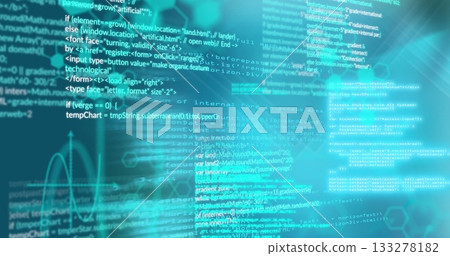 Floating code streaming over interface, showing HTML or CSS or JavaScript, hex grid and waveform ove 133278182