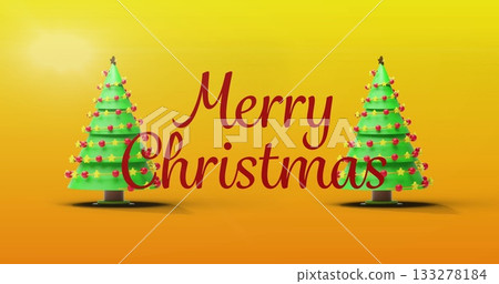 Displaying red Merry Christmas text on gradient backdrop with green Christmas trees and red baubles 133278184