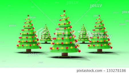 Five conical Christmas trees standing in digital studio, with yellow stars and red ornaments Five conical Christmas trees standing in digital studio, with yellow stars and red ornaments 133278186