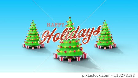 Displaying three Christmas trees on blue backdrop, with star toppers, gift boxes and Happy Holidays 133278188