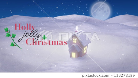 Glowing cottage under full moon, smoke rising, falling snow, Holly jolly Christmas text, copy space Glowing cottage under full moon, smoke rising, falling snow, Holly jolly Christmas text, copy space 133278189