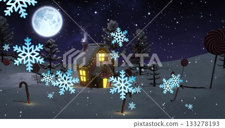 Decorating cottage with holiday lights glowing in clearing under full moon with candy canes in snow 133278193