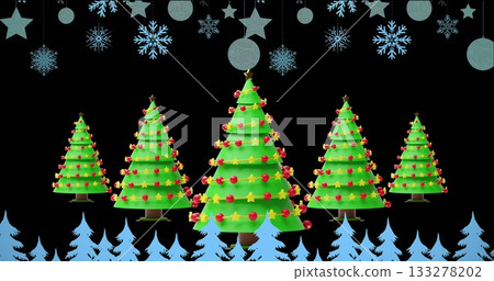 Displaying five Christmas trees on black with red and yellow ornaments, light blue fir silhouettes 133278202
