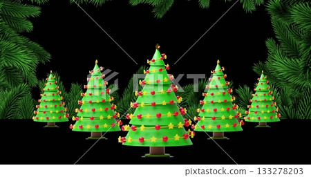 Five stylized green Christmas trees standing in scene with black backdrop, with pine branch border 133278203
