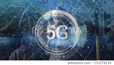 Projecting holographic 5G overlay over surveyor wearing hard hat and holding GNSS pole in woodland Projecting holographic 5G overlay over surveyor wearing hard hat and holding GNSS pole in woodland 133278216