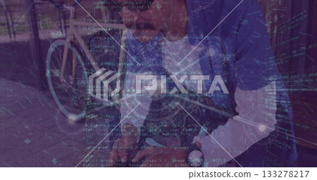 Scrolling man in sunglasses and layers using phone on urban sidewalk, with bicycle and glowing code Scrolling man in sunglasses and layers using phone on urban sidewalk, with bicycle and glowing code 133278217