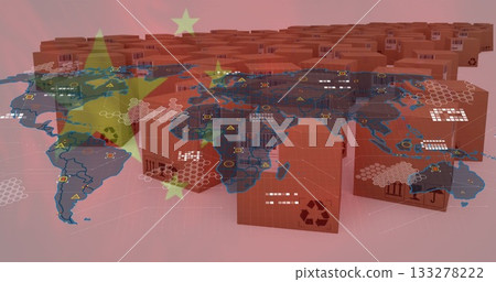 Filling cardboard boxes showing recycling codes in depot, world map network info over Chinese flag Filling cardboard boxes showing recycling codes in depot, world map network info over Chinese flag 133278222