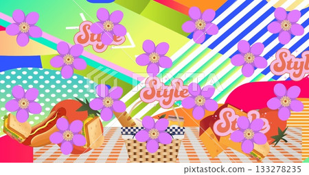 Featuring picnic scene occupying checkered cloth, with woven basket, flower graphics and Style text 133278235
