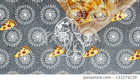 Wooden cutting board showing pepperoni pizza in mandala backdrop with cartoon slices, copy space Wooden cutting board showing pepperoni pizza in mandala backdrop with cartoon slices, copy space 133278239