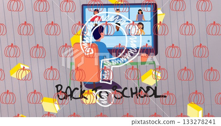 Studying student in blue shirt watching call on monitor at desk, with BACK TO SCHOOL doodles Studying student in blue shirt watching call on monitor at desk, with BACK TO SCHOOL doodles 133278241