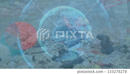 Standing gull scavenging at beach, with bottles, wrappers, digital globe overlay with red circle 133278278