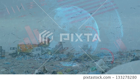 Landfill waste with two trucks dumping trash, circling birds, showing digital globe chart overlay Landfill waste with two trucks dumping trash, circling birds, showing digital globe chart overlay 133278280