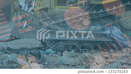 Pushing tracked bulldozer flattening waste at open dump site, with digital data overlays 133278283