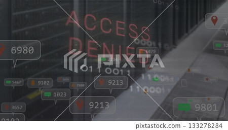 Displaying ACCESS DENIED hologram in server corridor with binary digits and pop-up notifications Displaying ACCESS DENIED hologram in server corridor with binary digits and pop-up notifications 133278284