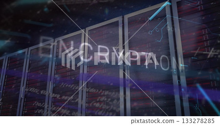 Displaying encryption graphics over core server racks in server room, emphasizing data security Displaying encryption graphics over core server racks in server room, emphasizing data security 133278285