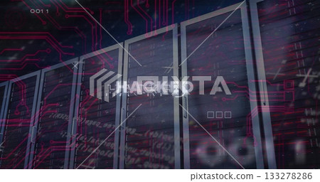 Displaying server racks in server room with red circuit graphics, code snippets, hacked glitch text 133278286