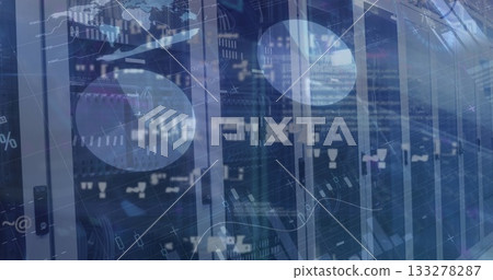 Glowing server racks displaying network switches cables and lights at data center, digital overlays 133278287