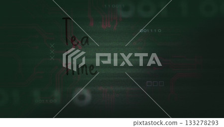 Hovering 'Tea time' text over circuit display with binary code squares and glitch overlays 133278293