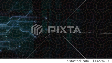 Showing neon blue lines, nodes, arrows merging into dotted waveform on dark wavy grid, copy space Showing neon blue lines, nodes, arrows merging into dotted waveform on dark wavy grid, copy space 133278294