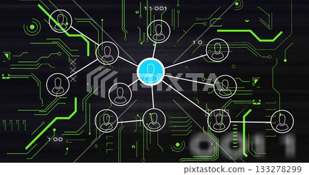 Connecting central blue user icon to white user icons on network diagram with green circuit traces 133278299