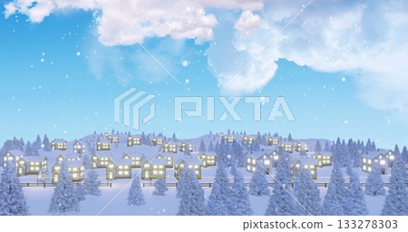 Cluster of snowy houses glowing from lit windows on hills with evergreen trees, falling snowflakes Cluster of snowy houses glowing from lit windows on hills with evergreen trees, falling snowflakes 133278303