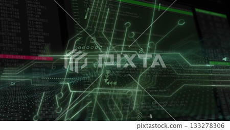 Displaying green circuit network overlay in cyber interface with data streams, code and UI borders Displaying green circuit network overlay in cyber interface with data streams, code and UI borders 133278306