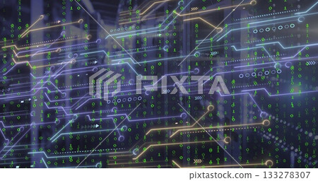 Showing circuit board lines nodes green binary bits and arrows overlaying datacenter server racks Showing circuit board lines nodes green binary bits and arrows overlaying datacenter server racks 133278307