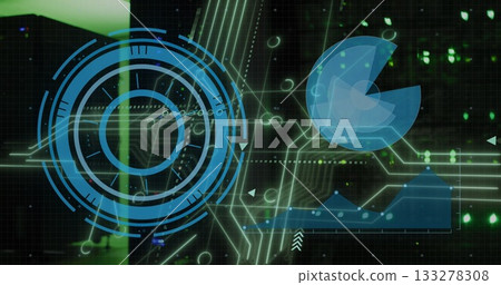 Displaying HUD, pie chart, line graph, circuitry in control center, person behind green lit panel Displaying HUD, pie chart, line graph, circuitry in control center, person behind green lit panel 133278308