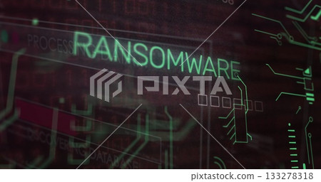 Displaying neon green ransomware text flashing on digital security dashboard, with circuit diagrams Displaying neon green ransomware text flashing on digital security dashboard, with circuit diagrams 133278318
