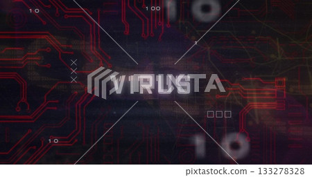 Showing stylized VIRUS text glitching on hacking interface, with red circuits, binary code, markers 133278328