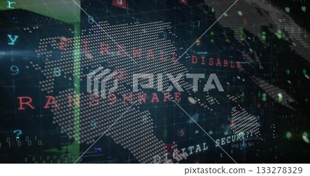 Displaying dot matrix world map streaming red ransomware alert in cyber terminal, with binary code Displaying dot matrix world map streaming red ransomware alert in cyber terminal, with binary code 133278329