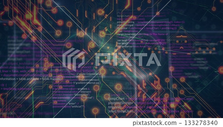 Displaying circuit-and-code visualization in grid space, with copper traces, glowing nodes and code 133278340