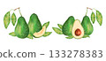 Fruit composition featuring a whole, half sliced avocado with leaves. Watercolor illustration. Hand drawn isolated art. Botanical sketch of the vegetable for food packaging, juice or menu items. 133278383