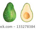 Whole avocado and halves. Botanical illustration with watercolor and marker. Hand drawn isolated art. Fruit for food or cosmetic packaging design, menus. Cookbook. 133278384