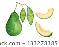 Whole avocado with slices and leaves. Botanical illustration with watercolor and marker. Hand drawn isolated art. Fruit for food or cosmetic packaging design, menus and packaging. Cookbook. 133278385