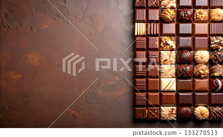 《AI圖像》精美巧克力整齊地擺放在棕色背景上 《AI圖像》精美巧克力整齊地擺放在棕色背景上 133278513