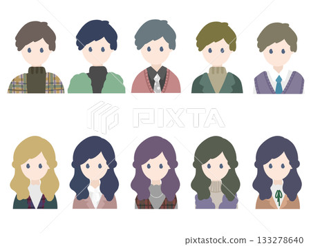 Upper body men and women in various clothing and hairstyles Upper body men and women in various clothing and hairstyles 133278640