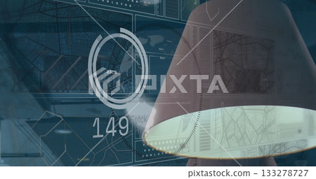 Emitting glow, cone-shaped shade projecting gauge numeric map overlays in control room, copy space Emitting glow, cone-shaped shade projecting gauge numeric map overlays in control room, copy space 133278727