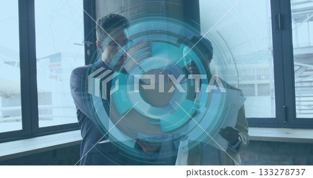 Analyzing interface, colleagues wearing suits reviewing clipboard sheets at gate with airplane 133278737