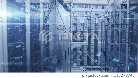 Highlighting server racks glowing with LEDs inside data center corridor with overlaid formulas Highlighting server racks glowing with LEDs inside data center corridor with overlaid formulas 133278743