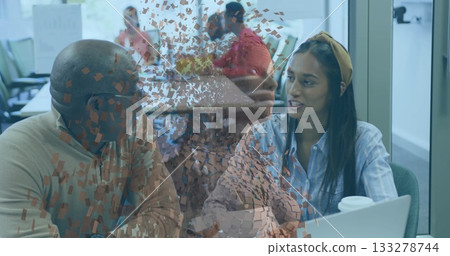 Discussing project on laptops, woman in blue shirt and headband talking at meeting room, copy space 133278744