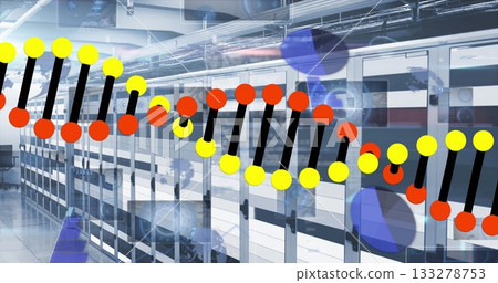 Displaying DNA helix graphic in server room showcasing server cabinets, cable trays, blue spheres 133278753