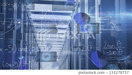 Extending aisle of server racks glowing with blinking lights and digital overlays in data center 133278757