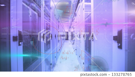 Displaying central aisle revealing data in data center, with server racks  and  holographic formulas 133278765