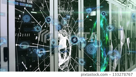 Glowing holographic network nodes connecting server cabinets at data center, with LED indicators Glowing holographic network nodes connecting server cabinets at data center, with LED indicators 133278767