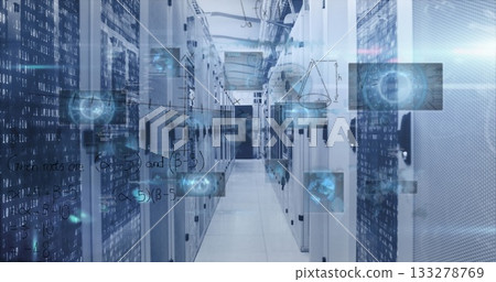 Highlighting server aisle running through data center, showing cable trays and digital overlays Highlighting server aisle running through data center, showing cable trays and digital overlays 133278769